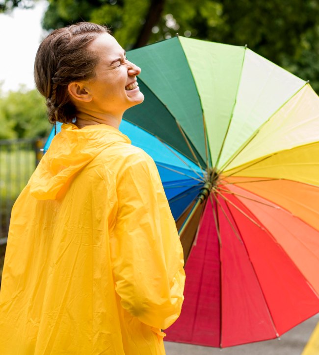 młoda kobieta w żółtym płaszczu przeciwdeszczowym rozkłada parasol